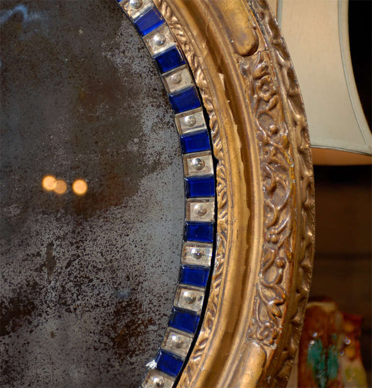 Oval 19th Century Irish Mirror with Giltwood Frame and Blue Cut Glass Accents 1