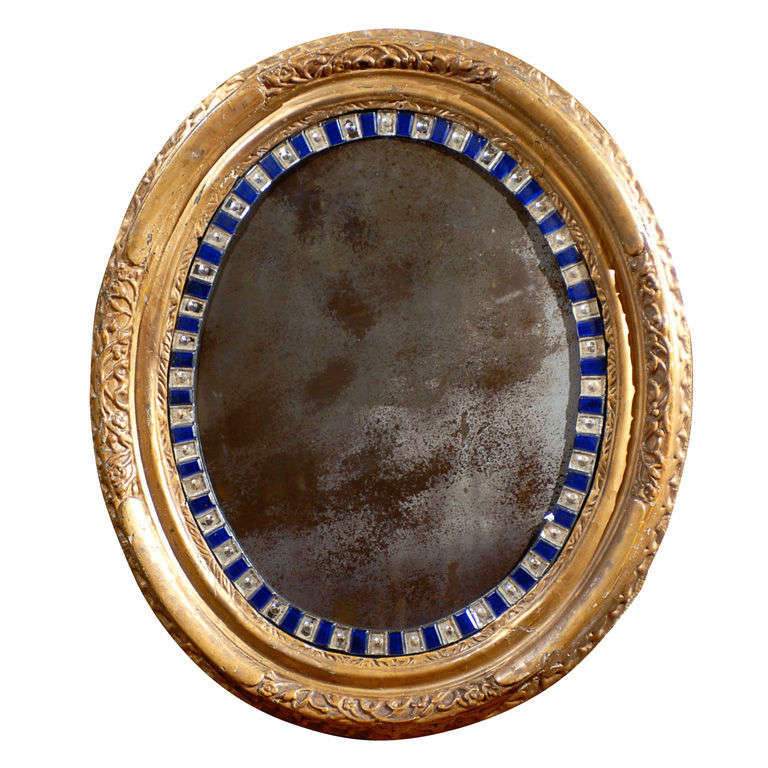 Oval 19th Century Irish Mirror with Giltwood Frame and Blue Cut Glass Accents