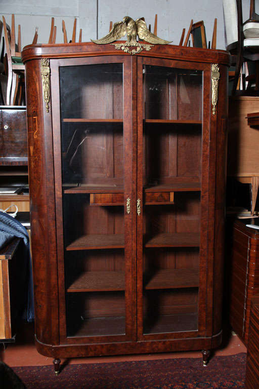 Beautiful French Empire Period Armoire/ Display/ China Cabinet, Various Exotic Woods, Inlay, Gilt Bronze Bald eagle, Flaming Torches.