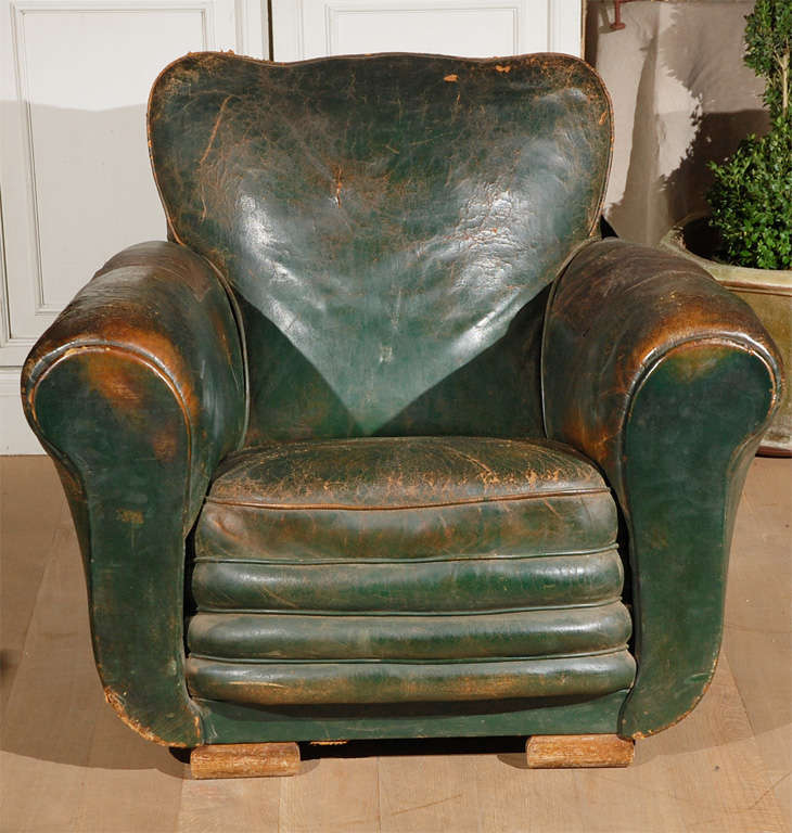 Belgian Green Leather Chair. Great color and patina!