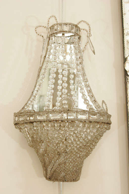 Pair of Mirrored Wall Sconces with Grey Glass Beading