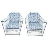 Pair of Painted Stick Wicker Lounge Chairs