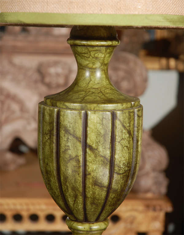 Italian Pair of Green Marble Lamps with Burlap Shades