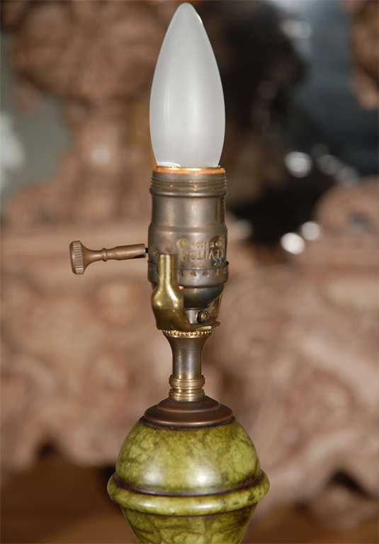 Pair of Green Marble Lamps with Burlap Shades 1