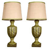 Vintage Pair of Green Marble Lamps with Burlap Shades