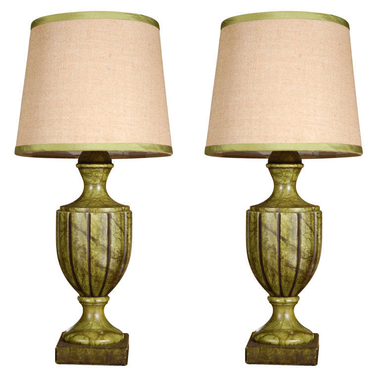 Pair of Green Marble Lamps with Burlap Shades