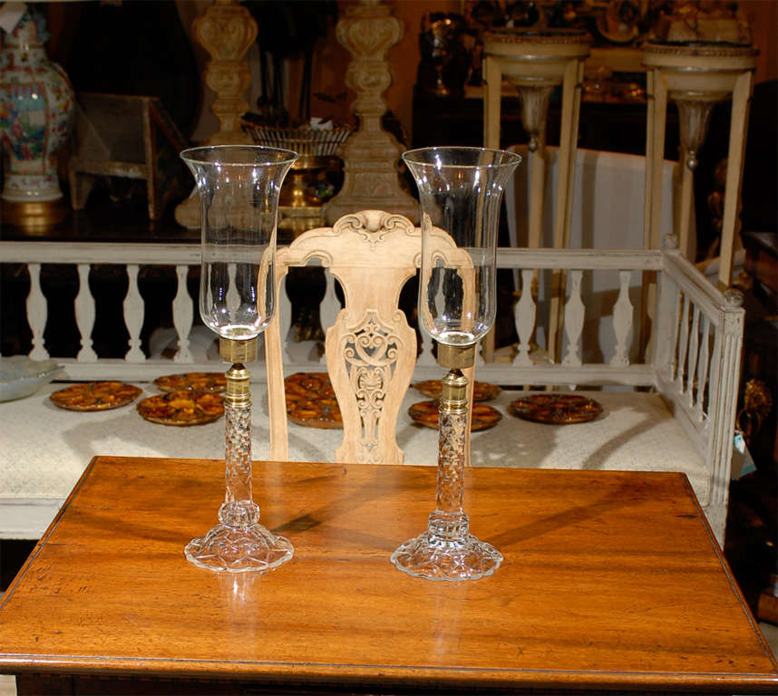 Pair Of 19thc Baccarat Hurricane Table Lights