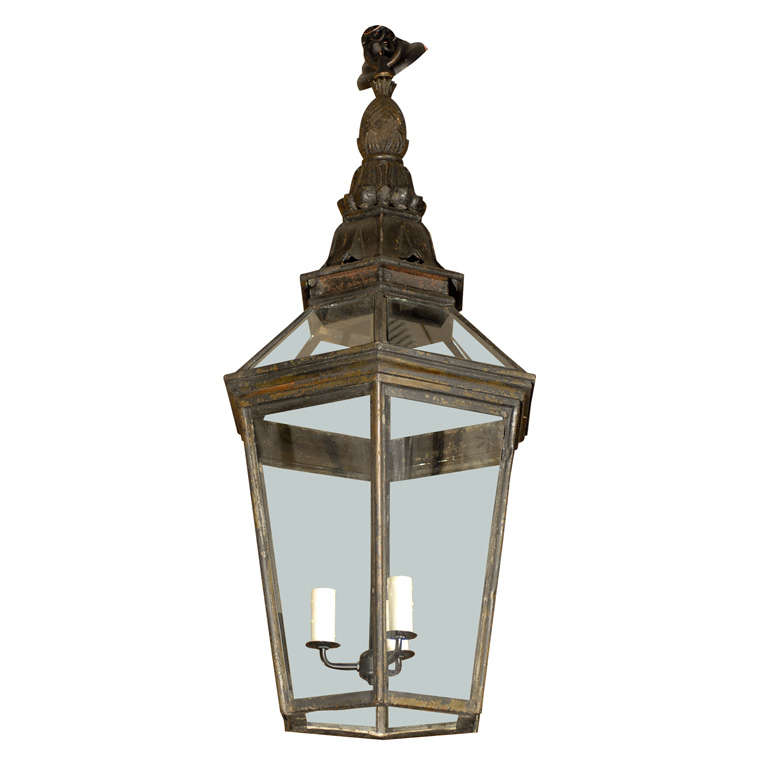 Jumbo Iron Lantern With Pineapple Finial at 1stDibs