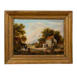 19th Century French Village Scene in Oil on Canvas