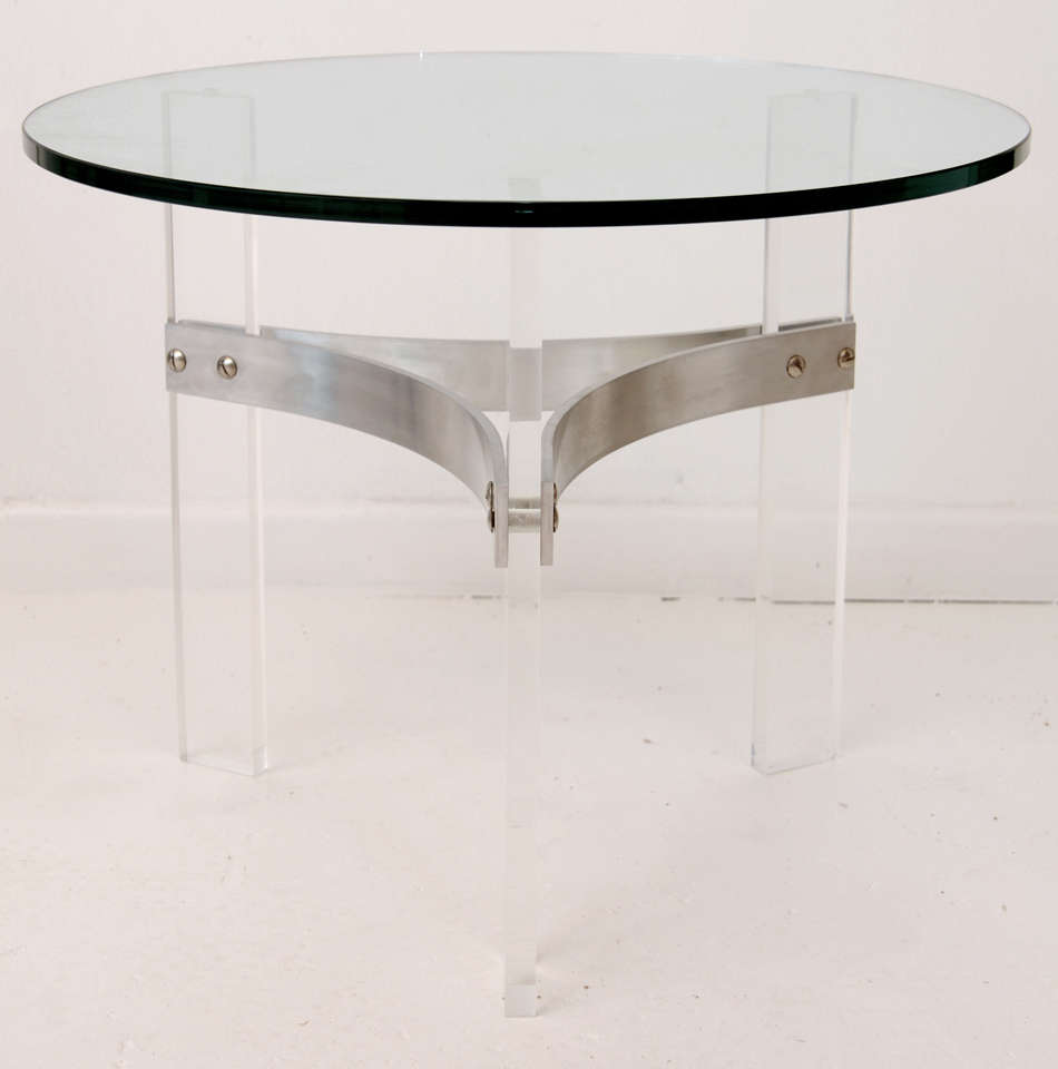 Pair of Round Glass, Lucite and Satin Chrome Side Tables Charles Hollis Jones