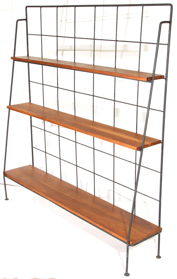 Milo Baughman for Inco Case study era shelving unit in wrought iron with adjustable redwood shelves