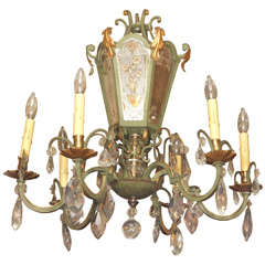 Antique French Crystal and Tole 6-light Chandelier