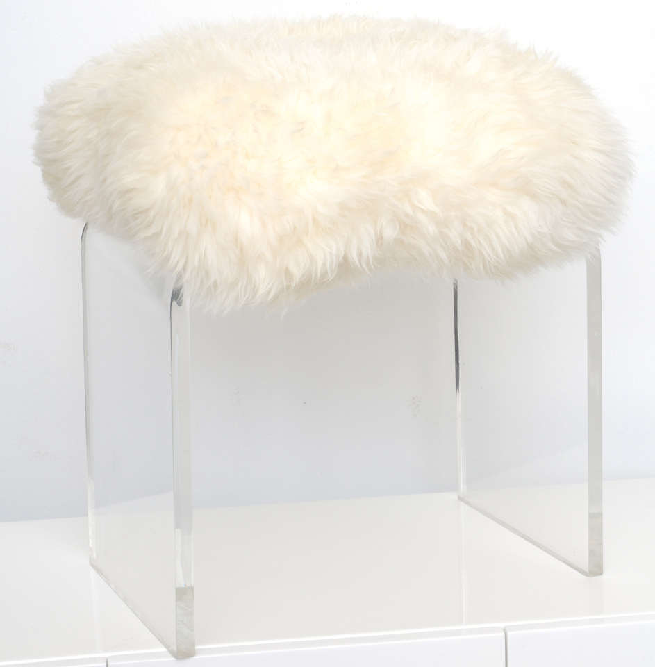 Pair Of Floating  Lucite-lambs  Wool Stools / Benches