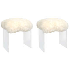 Pair Of Floating  Lucite-lambs  Wool Stools / Benches 