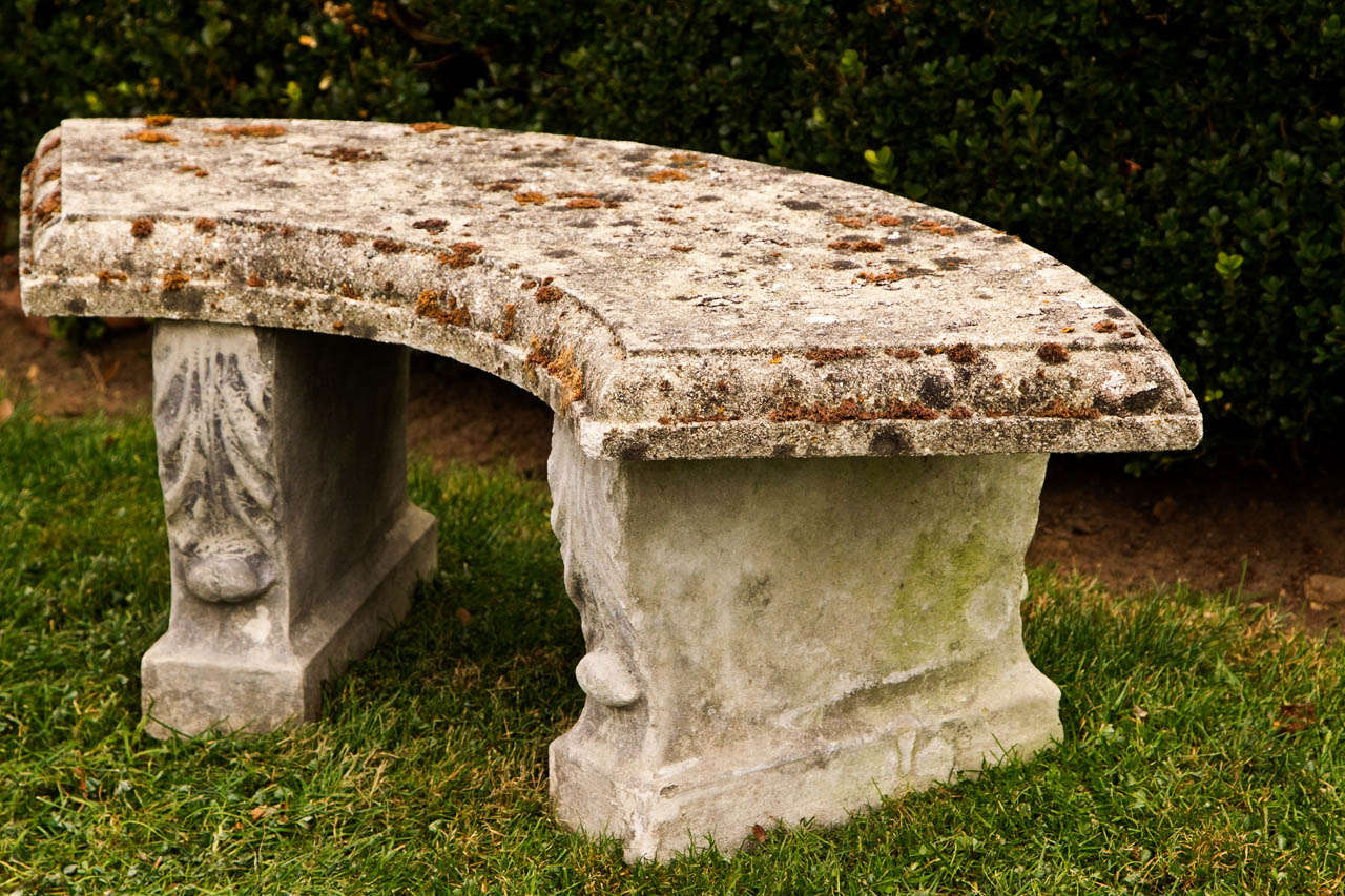 Classical Roman Attractively Lichened Semi-circular Garden Bench