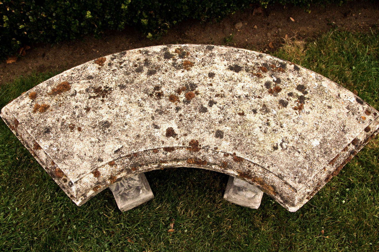 Mid-20th Century Attractively Lichened Semi-circular Garden Bench