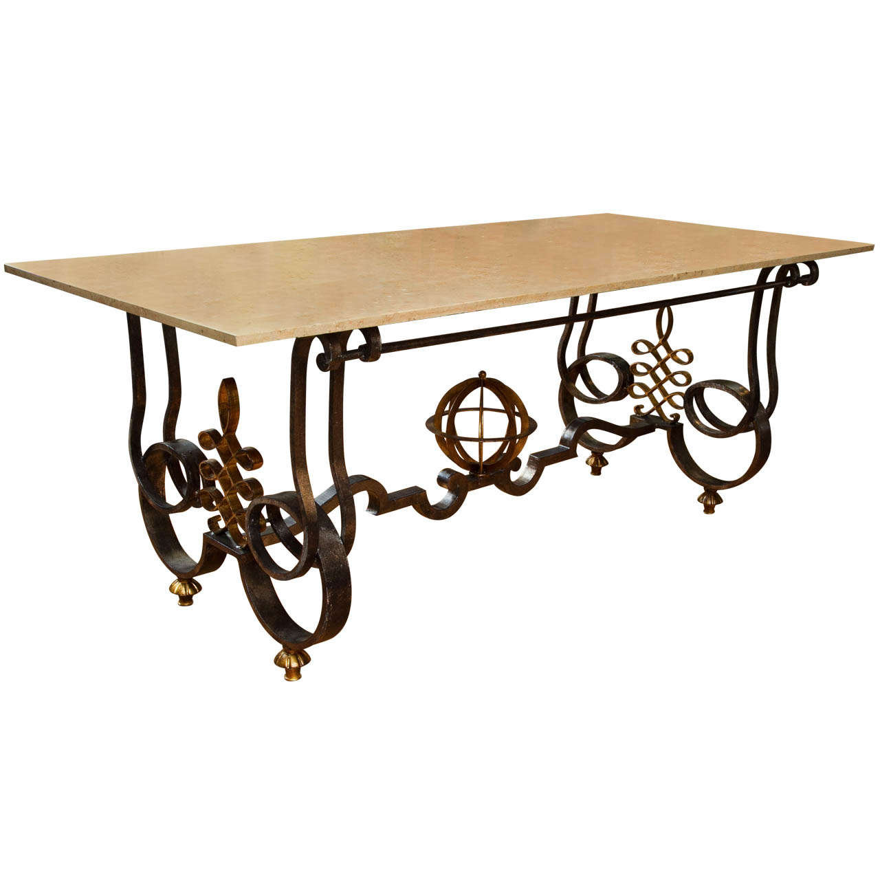 Poillerat Wrought Iron Base Marble Top Table For Sale