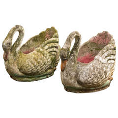 Pair of Cement Cast Swan Planters
