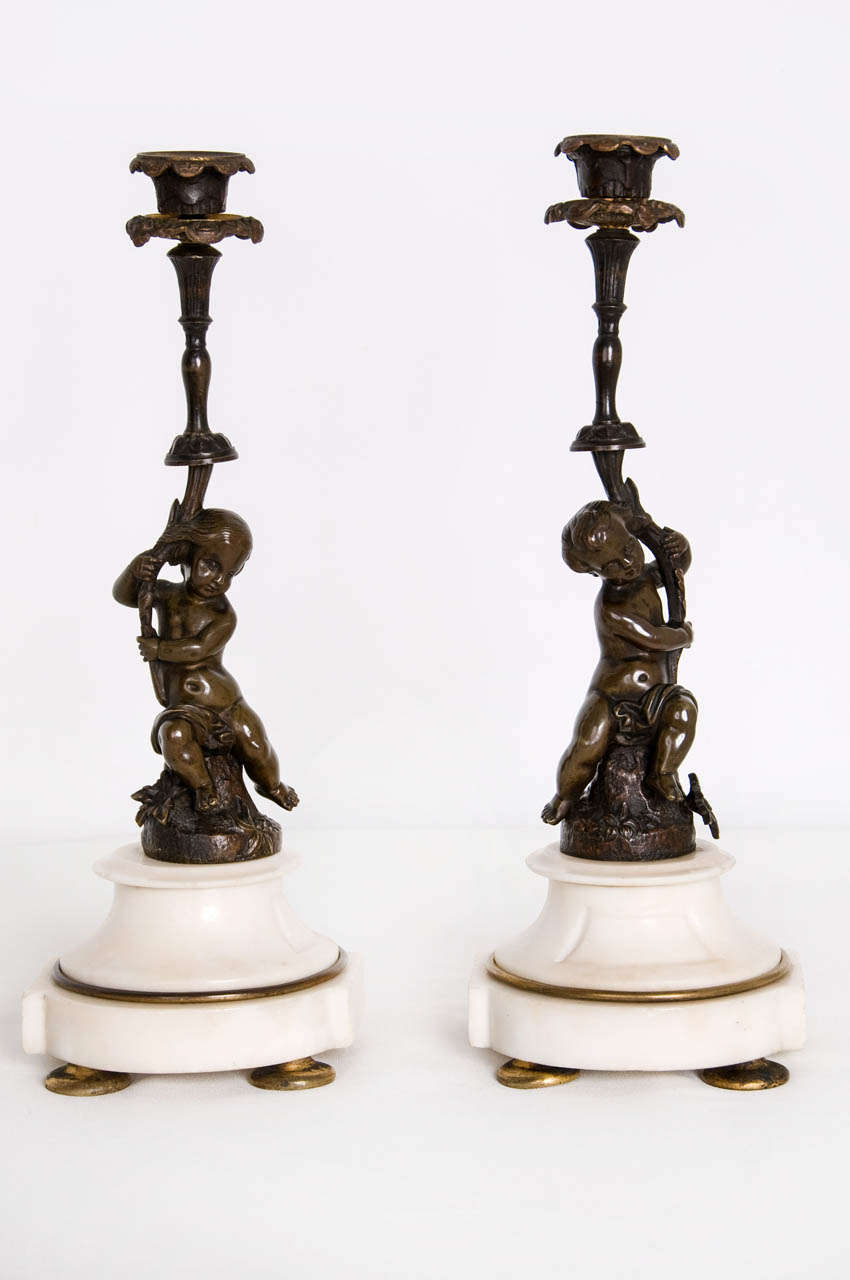 19th c. Pair of Bronze Candlesticks in Louis XVI Style