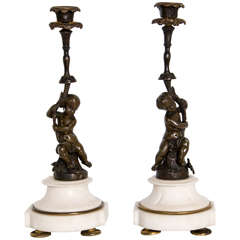19th c. Pair of Bronze Candlesticks in Louis XVI Style