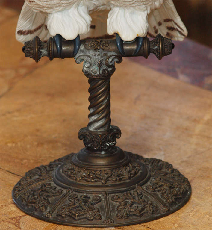 19th Century Bisque Porcelain Owl On Spelter Stand 2