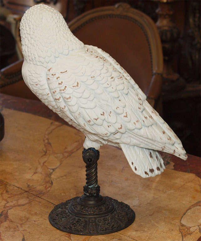 19th Century Bisque Porcelain Owl On Spelter Stand 5