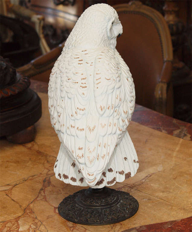 19th Century Bisque Porcelain Owl On Spelter Stand 7