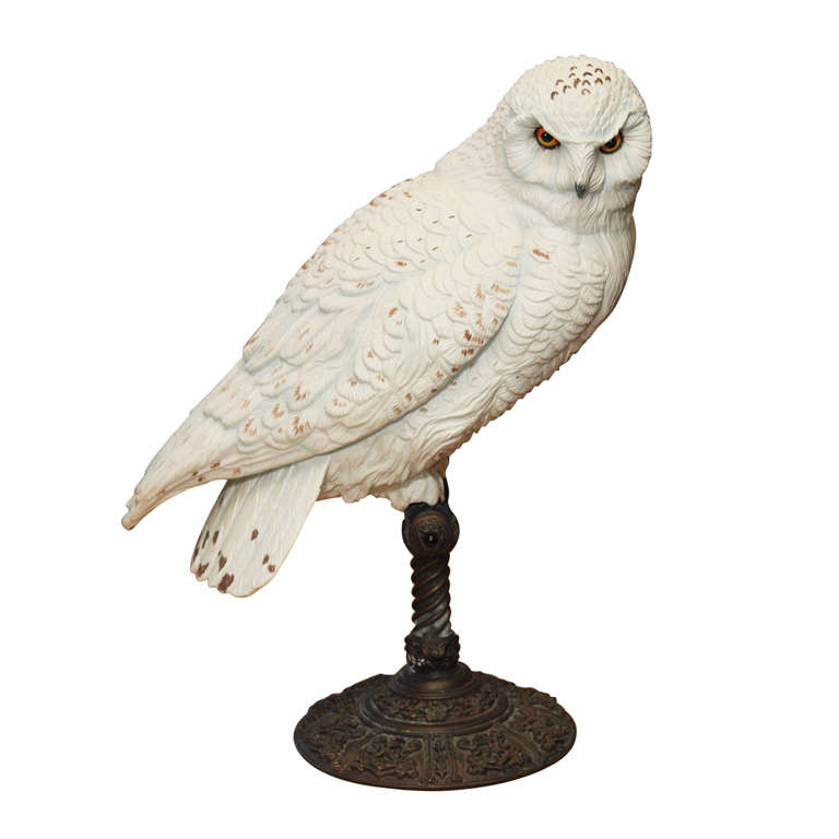 19th Century Bisque Porcelain Owl On Spelter Stand