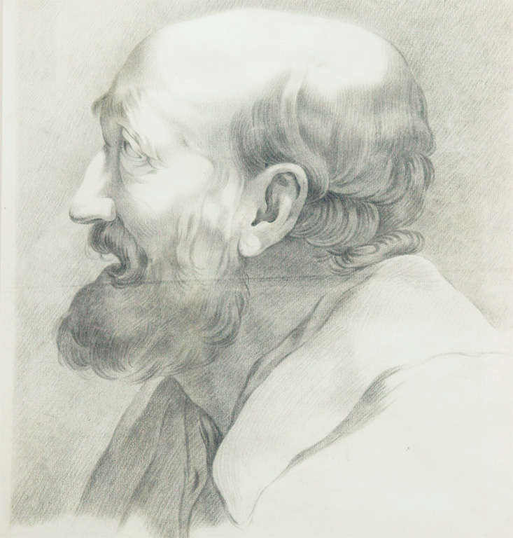 French Ecole des beaux arts academy drawing of old man in profile in recent frame