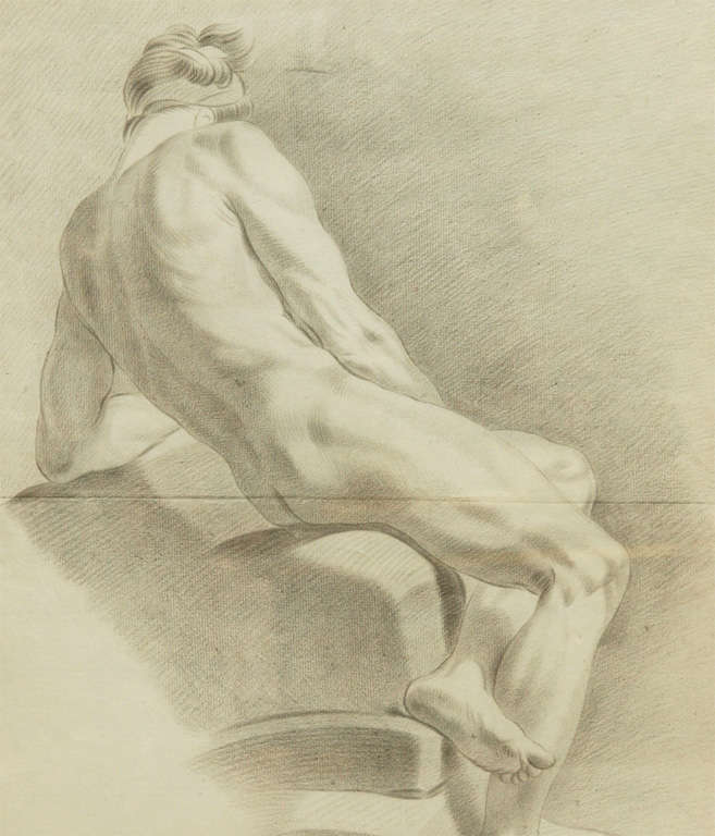 19th C French Academy Drawing Of Reclining Male Nude