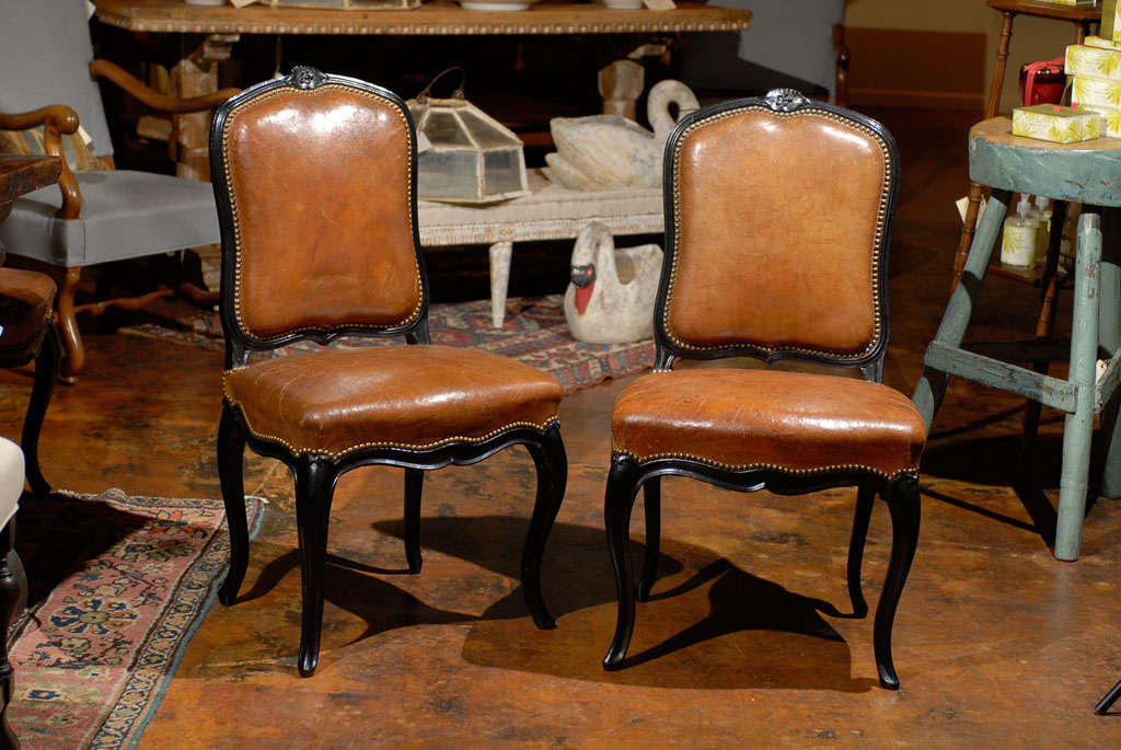 19th Century French Leather & Ebonized Chairs