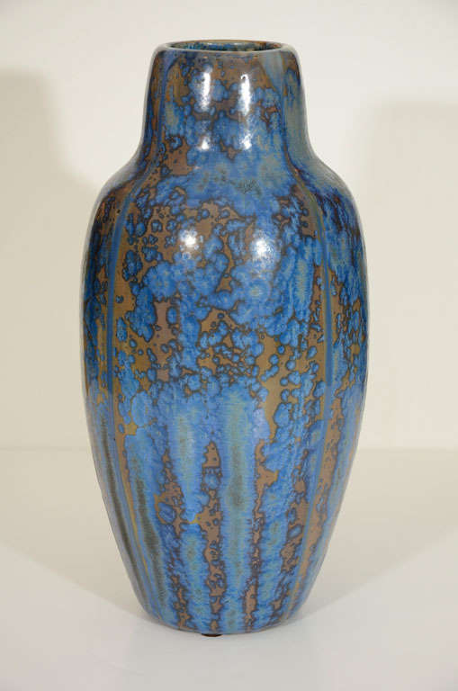 Fantastic crystalline glazed ceramic vase in tones of blue, tan and brown by renowned french ceramic firm Pierrefonds.