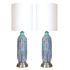 Pair of Italian Blue/White/Turquoise Glazed Ceramic Lamps