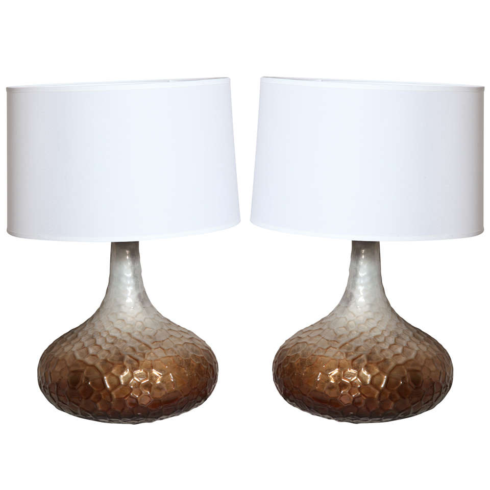 Pair of Honeycomb Glass Table Lamps For Sale