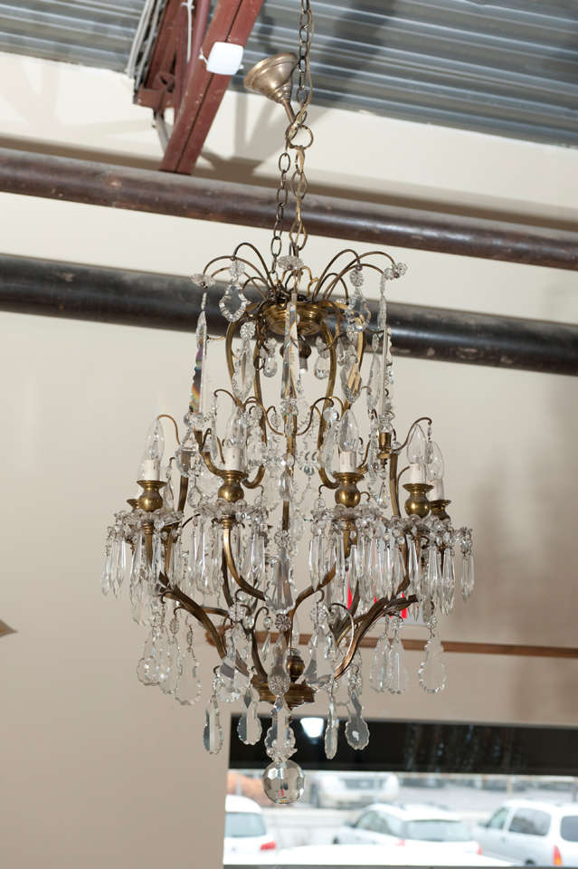 Large, impressive cage Louis XV style chandelier. The frame is bronze and all the crystal are from France. There are 12 lights in total, 10 on the outside, one on the lower part and one on the upper part of the frame. It has been rewired to meet the