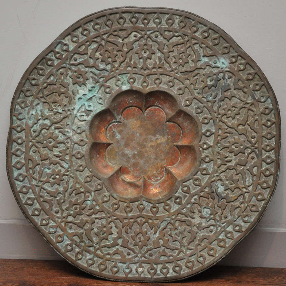 Large scale Turkish tray with gorgeous greenish patina.  Is great on a table or on the wall.
