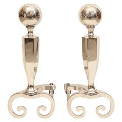 Pair of Art Deco Polished Nickel Andirons with Scrolled Base
