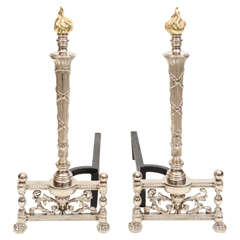 Pair of Art Deco Polished Nickel Andirons with Brass Flame
