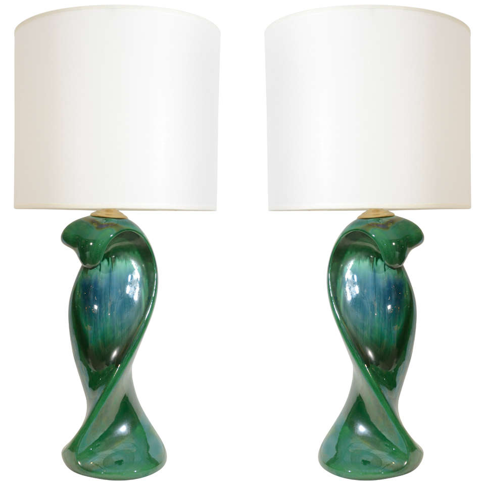 Pair of Peacock Glazed Ceramic Lamps