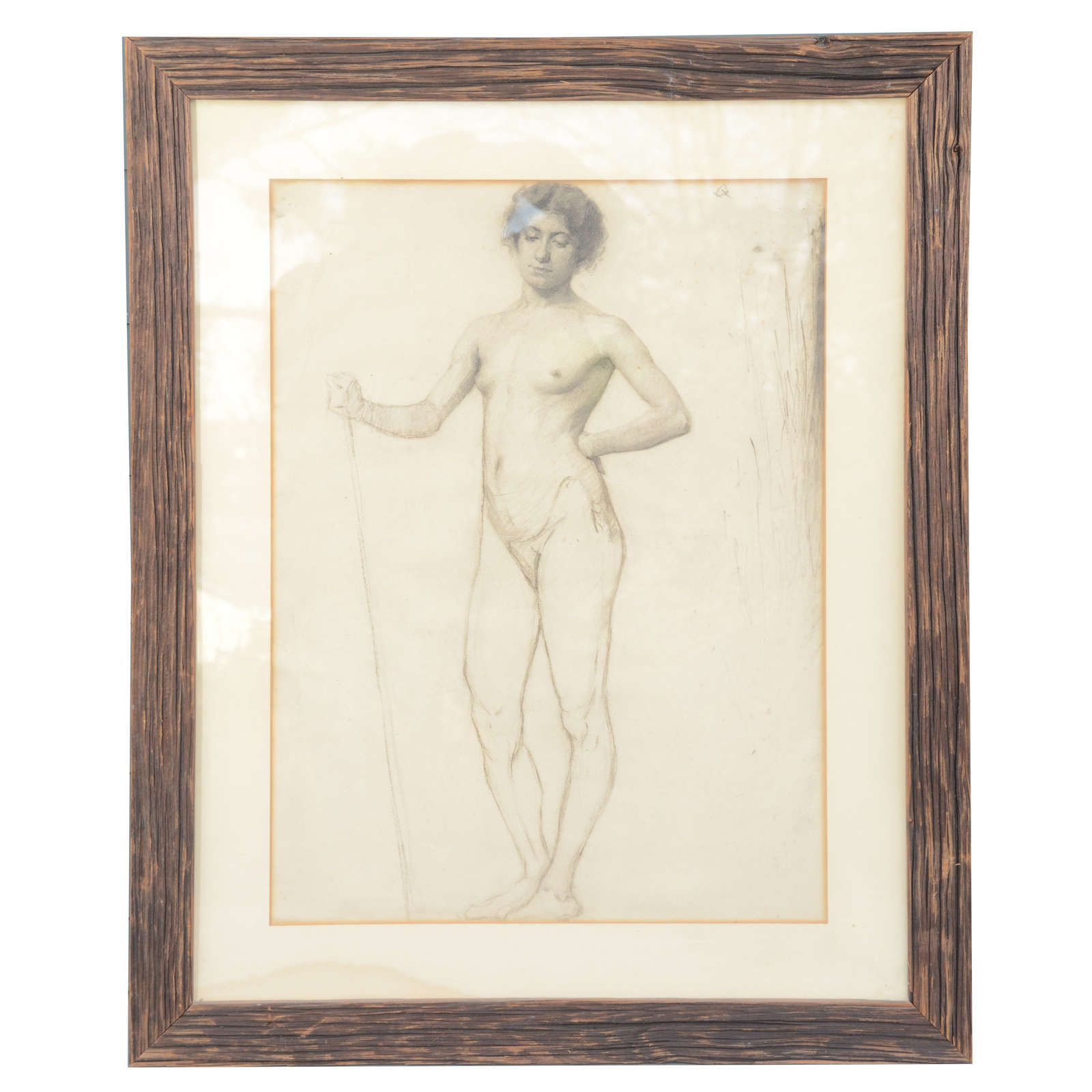 Female Charcoal Life-study Drawing in Barnboard Frame For Sale