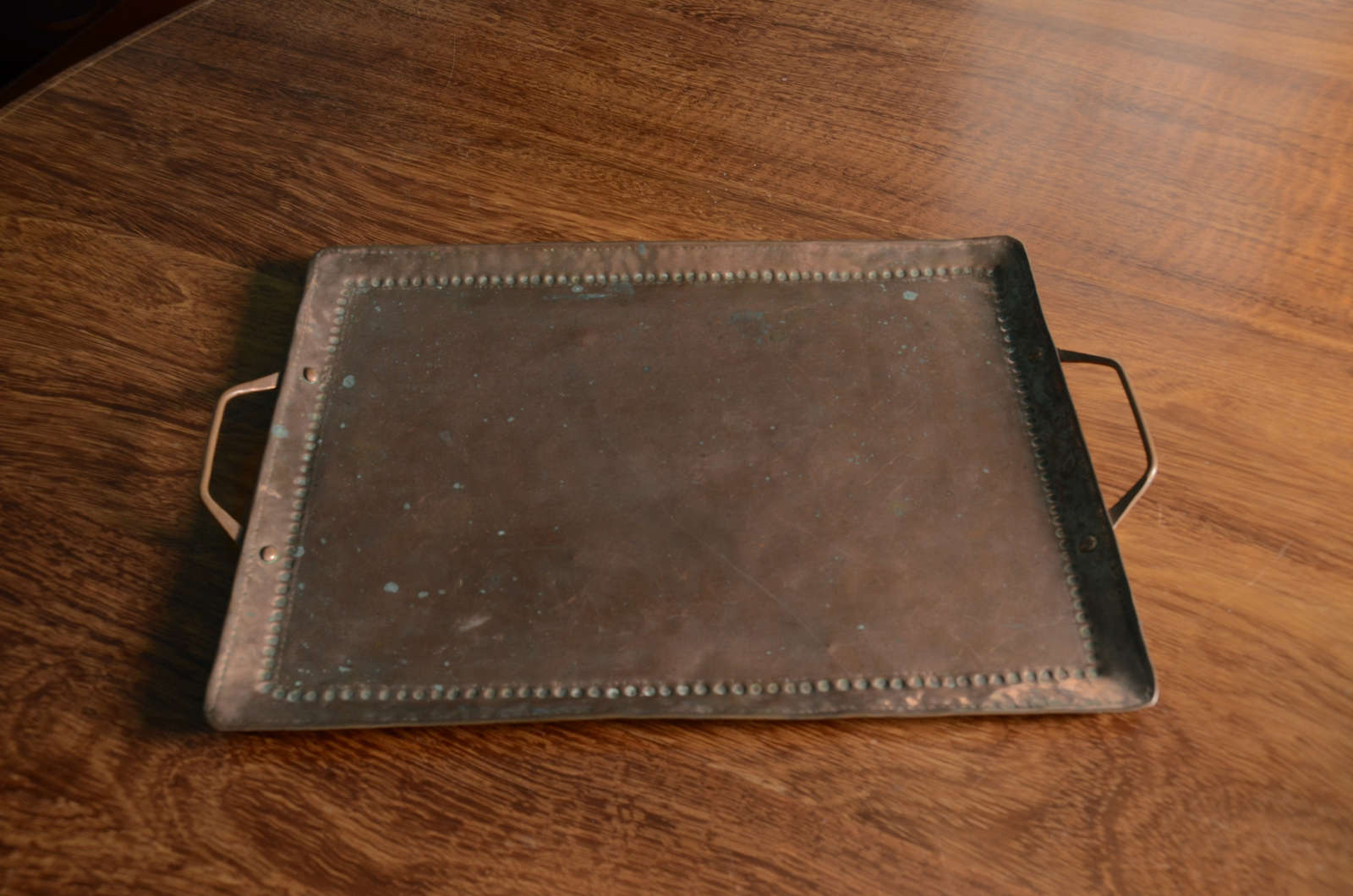 Hand-hammered Copper, Rectangular Tray with Punched-work border.  English, Made in Cornwall circa 1915.  Nice weight, signed (see images 4 & 5)