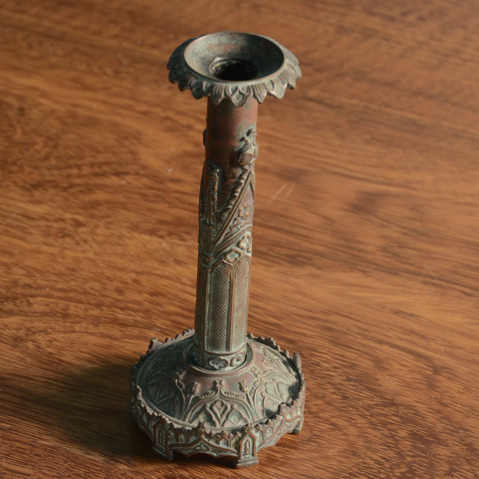 British Pair English Gothic Revival Brass & Patinated Bronze Candlesticks For Sale