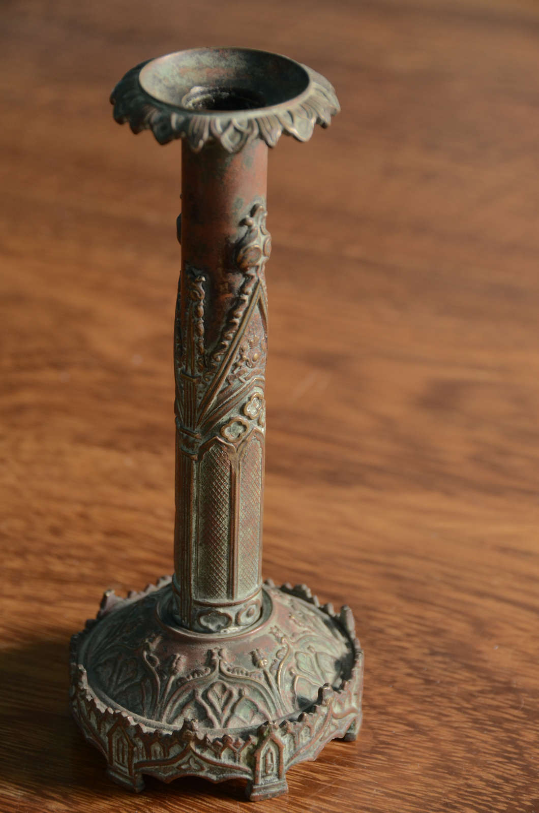 Pair English Gothic Revival Brass & Patinated Bronze Candlesticks In Good Condition For Sale In Southampton, NY