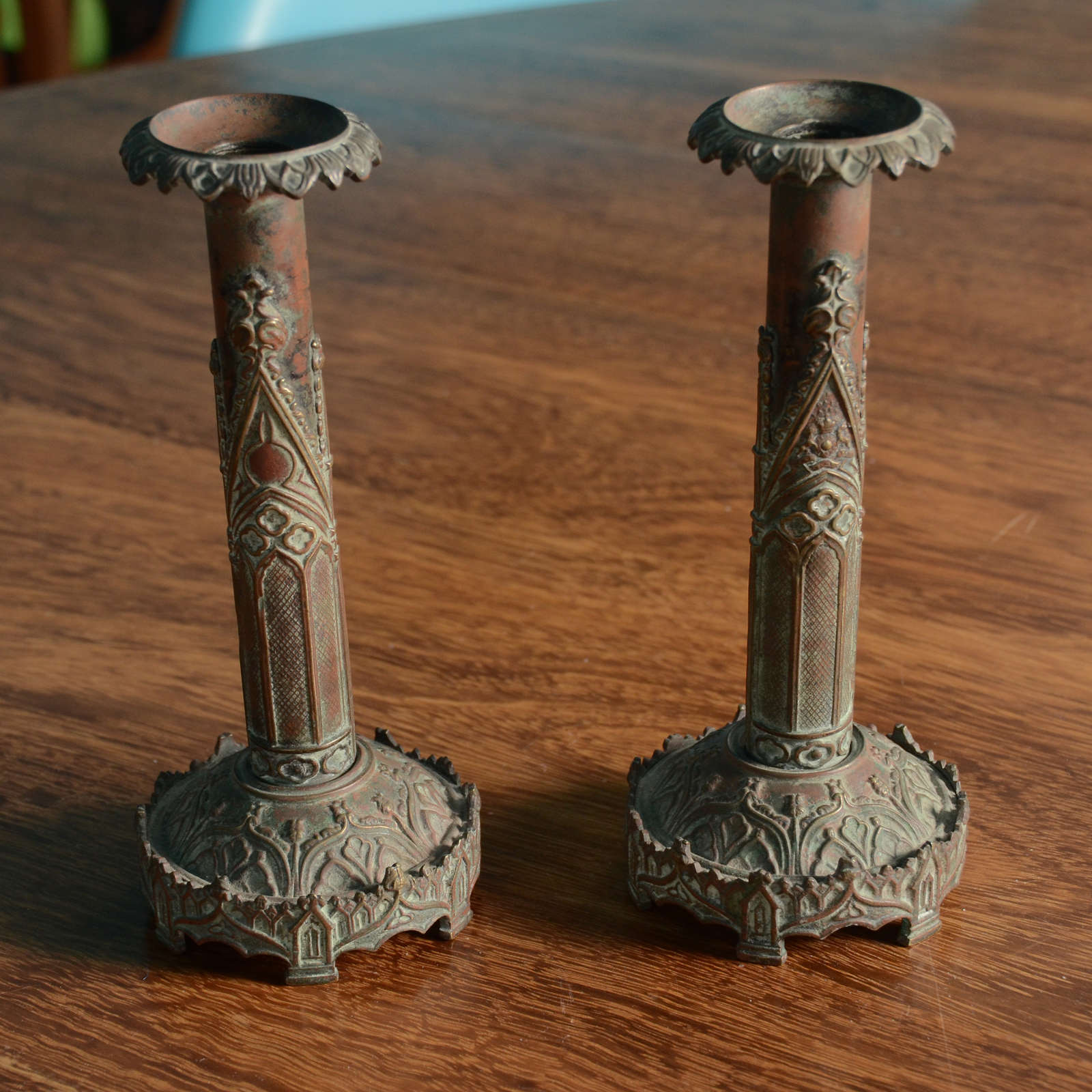 Pair English Gothic Revival Brass & Patinated Bronze Candlesticks For Sale 3