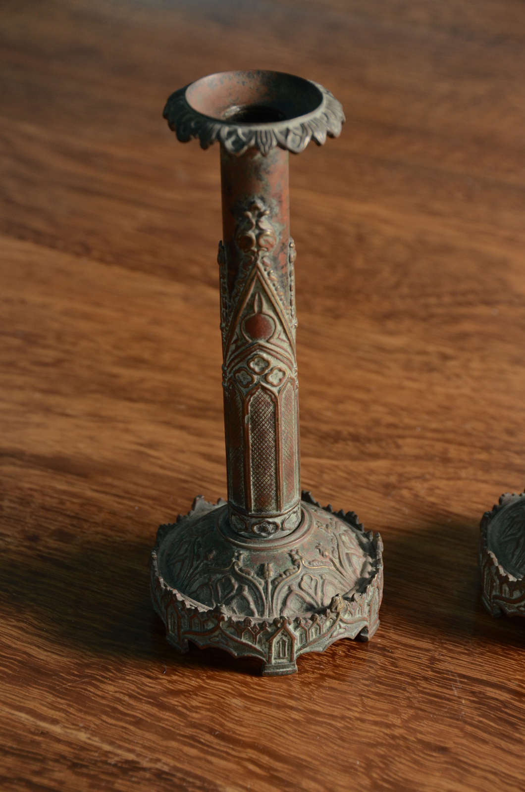 Pair English Gothic Revival Brass & Patinated Bronze Candlesticks For Sale 4
