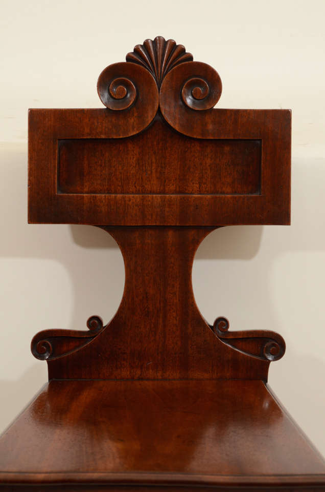 Pair Irish Regency Carved Mahogany Hall Chairs. c. 1835 1