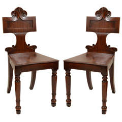 Pair Irish Regency Carved Mahogany Hall Chairs. c. 1835
