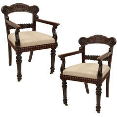 Pair Anglo Indian Carved Padouk Armchairs, Mid 19th Century