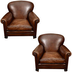 Pair Oversized Leather Club Chairs, England, Late 19th Century