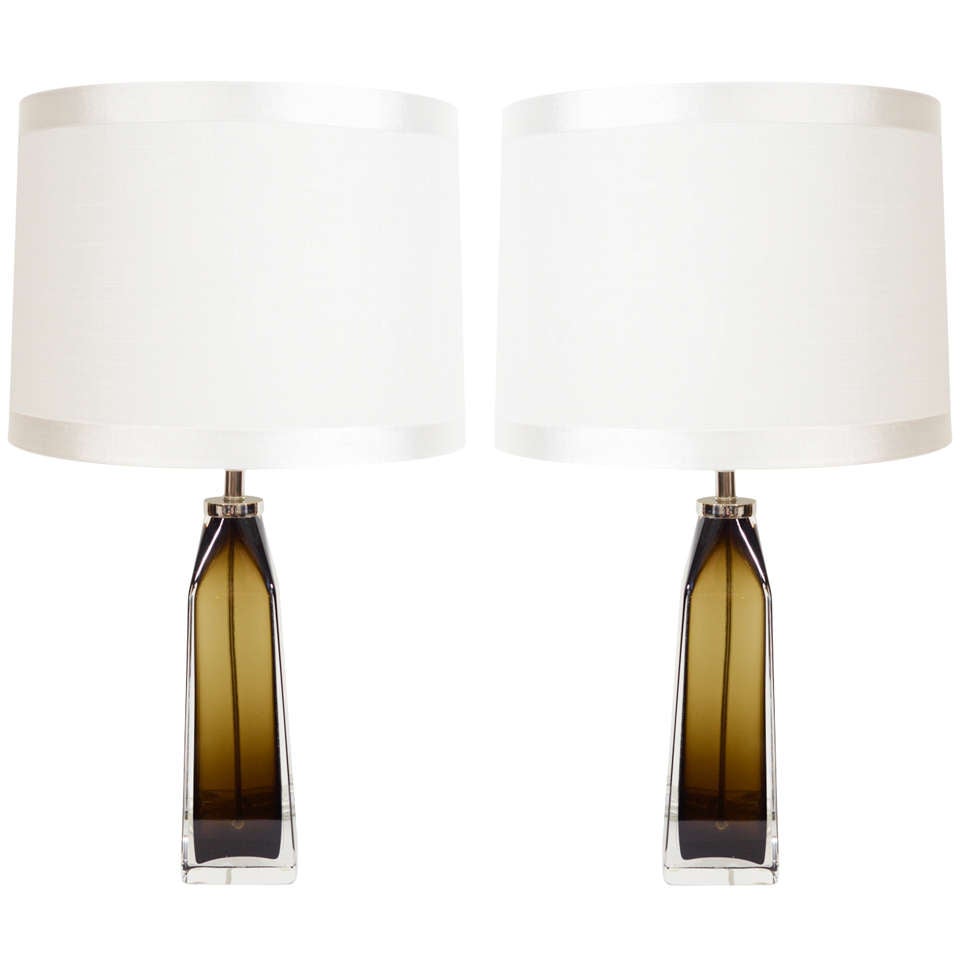 Pair of Smoked Glass Lamps by Nils Landberg for Orrefors